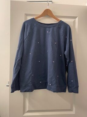 J. Jill Navy blue more love Crewneck Sweater with Tiny Pink Hearts